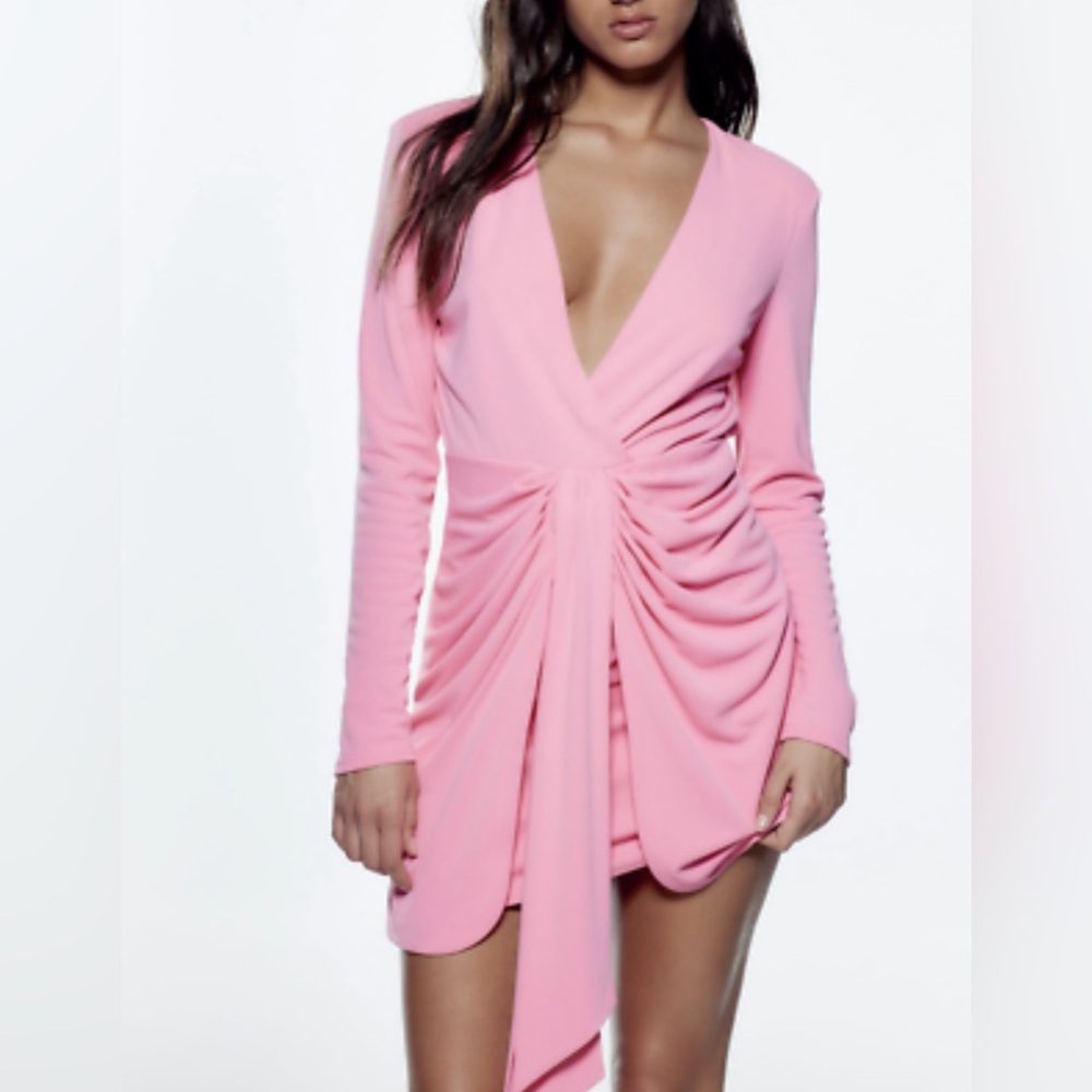 NWT ZARA Pink Draped Knot Detail Dress Long Sleeve Bodycon Dress XL